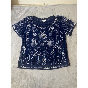 CJ Banks Navy Blue Embroidered Floral Short Sleeve Top Women’s 3X